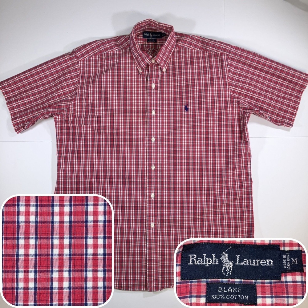 Vintage 90s Polo Ralph Lauren Blake Shirt Mens M Pink Plaid Made Hong Kong